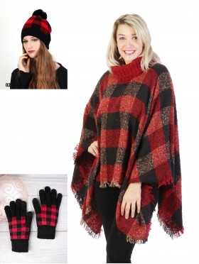 Plaid Patterned Cape, Glove and Hat Set (CP1132-02RD + GL1173RD + HAT1088-02RD)